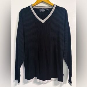 Vintage Ribbed V Neck Sweater L Black Gray 90s Grunge Core Unisex